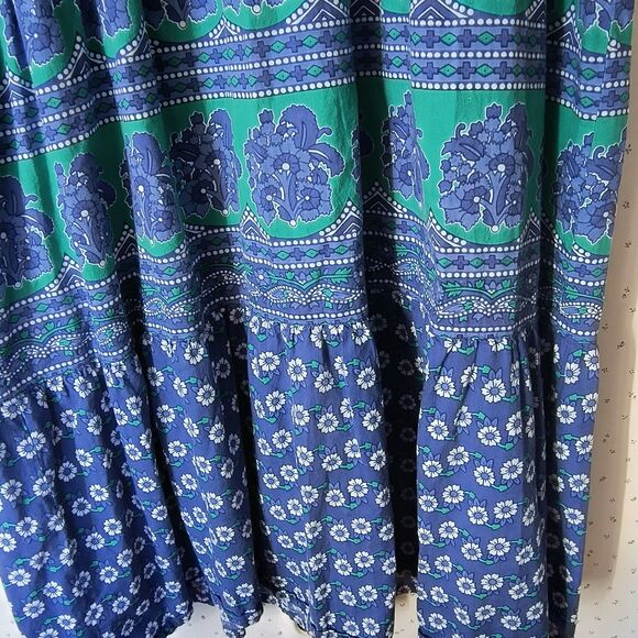Vermont Country Store Dress L Blue Green Floral Tiered Midi Cotton Boho Mumu - Picture 8 of 15